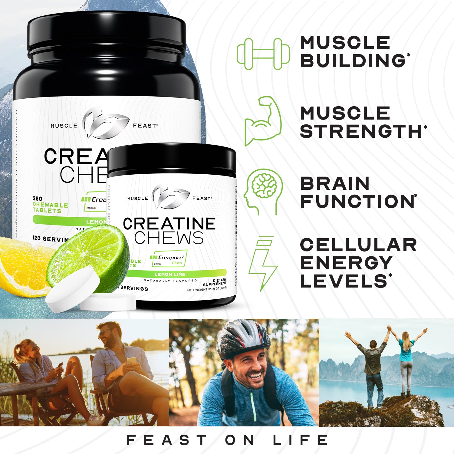 Vegan Creatine Monohydrate, Gluten-Free Creapure Chews, Lemon Lime