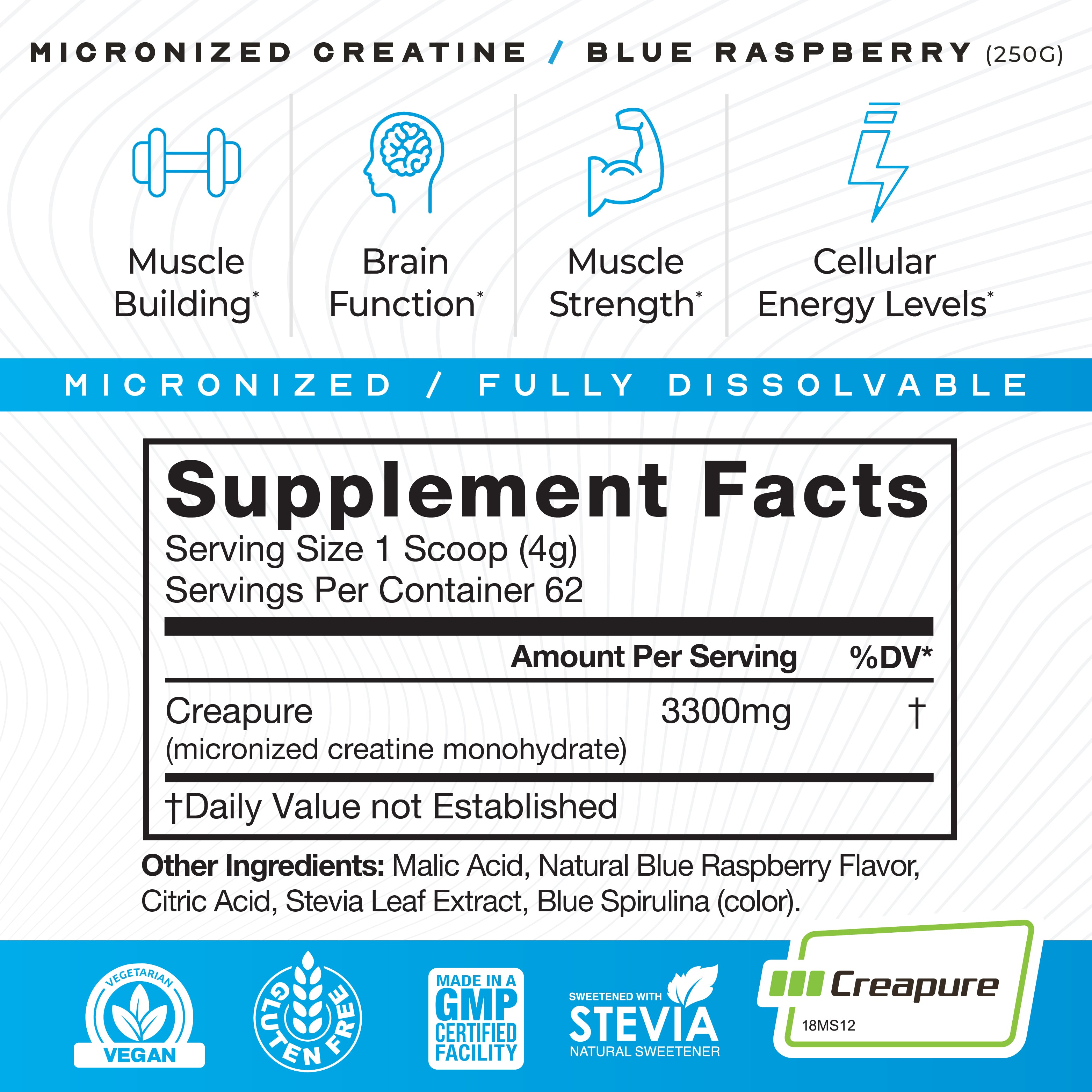 Creapure Micro - Micronized Creatine Monohydrate Powder | Premium Pre-Workout or Post-Workout | Easy to Mix, Gluten-Free, Safe and Pure