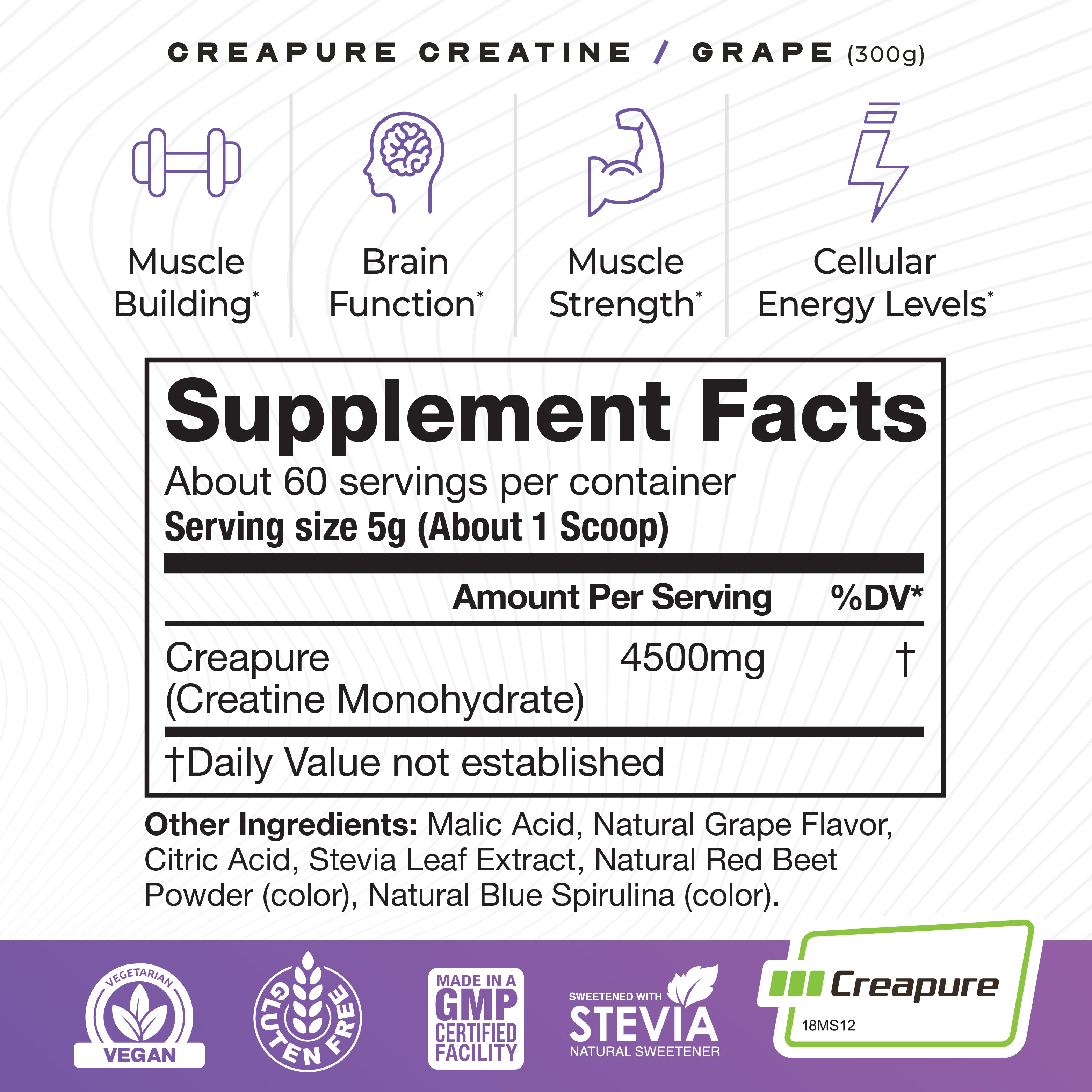 Creapure Creatine Monohydrate Powder, Vegan Keto Gluten-Free