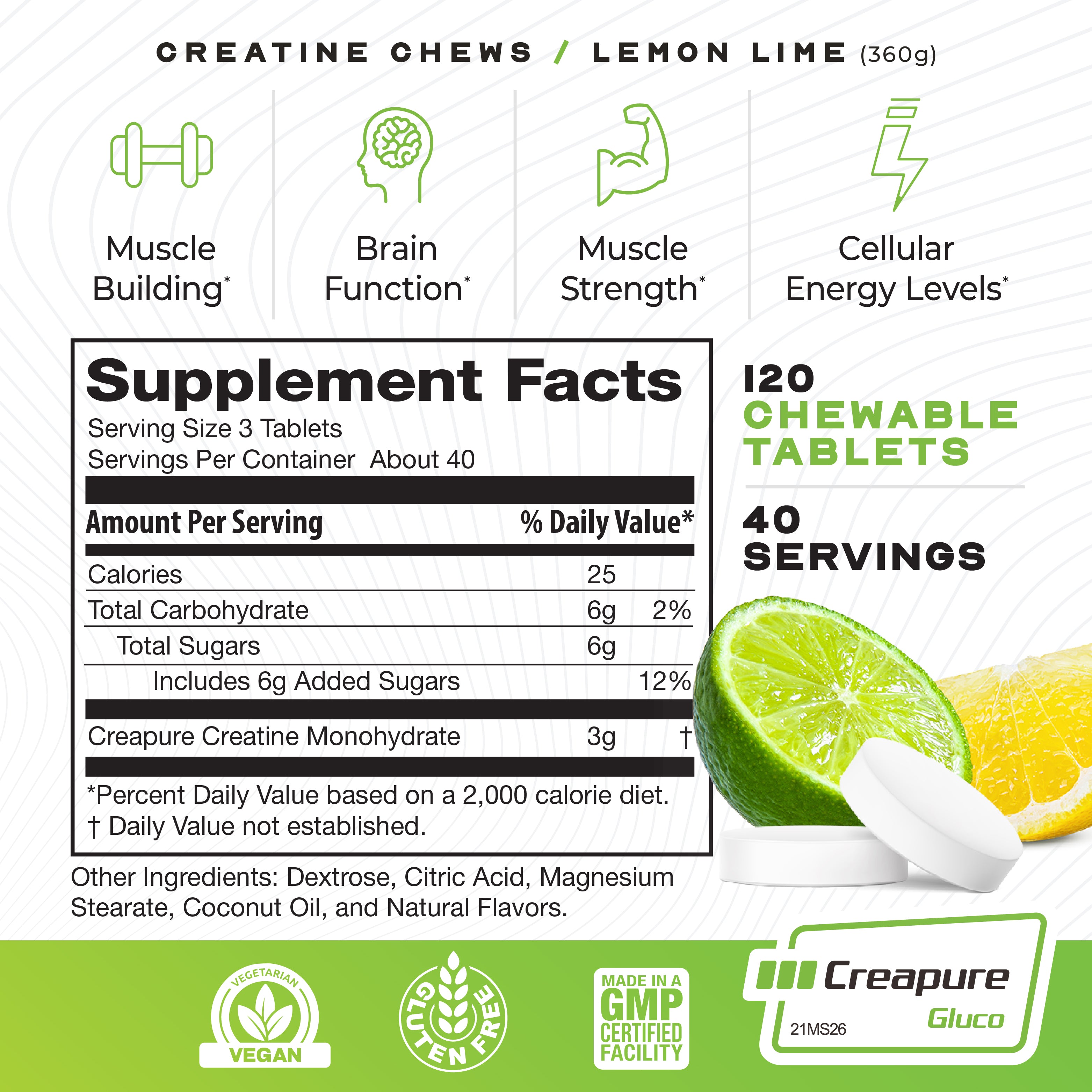 Vegan Creatine Monohydrate, Gluten-Free Creapure Chews, Lemon Lime