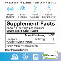 Creapure Creatine Monohydrate Powder, Vegan Keto Gluten-Free