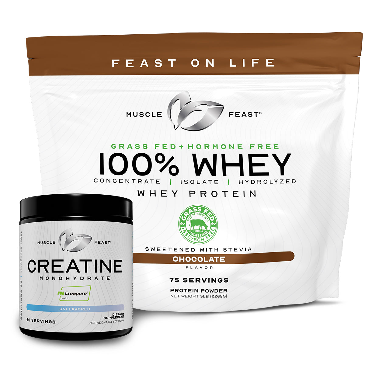 100% Whey + Creatine Bundle: (1) 100% Whey Protein (Chocolate, 5lb) + (1) Creatine Powder (Unflavored, 300g)