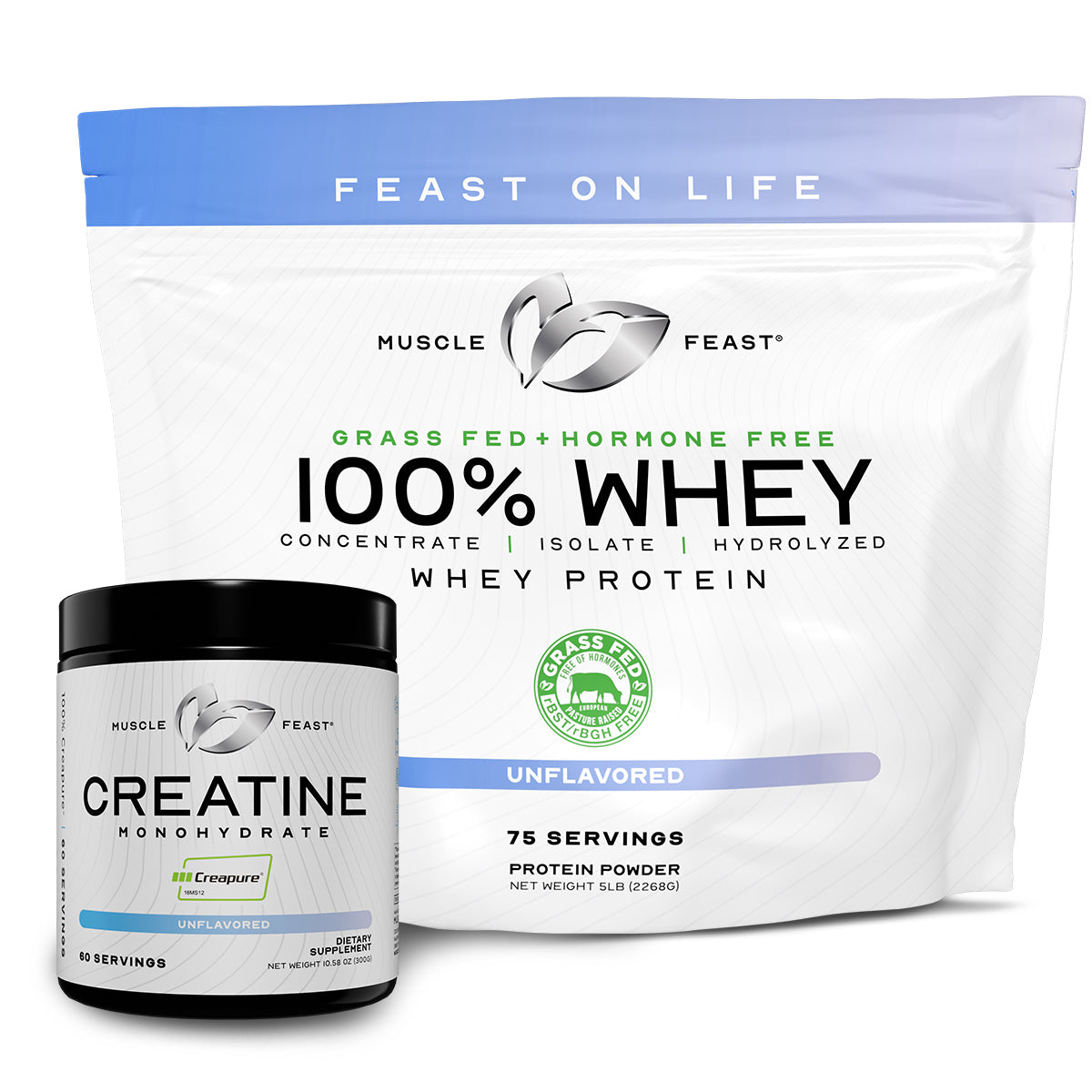 100% Whey + Creatine Bundle: (1) 100% Whey Protein (Unflavored, 5lb) + (1) Creatine Powder (Unflavored, 300g)