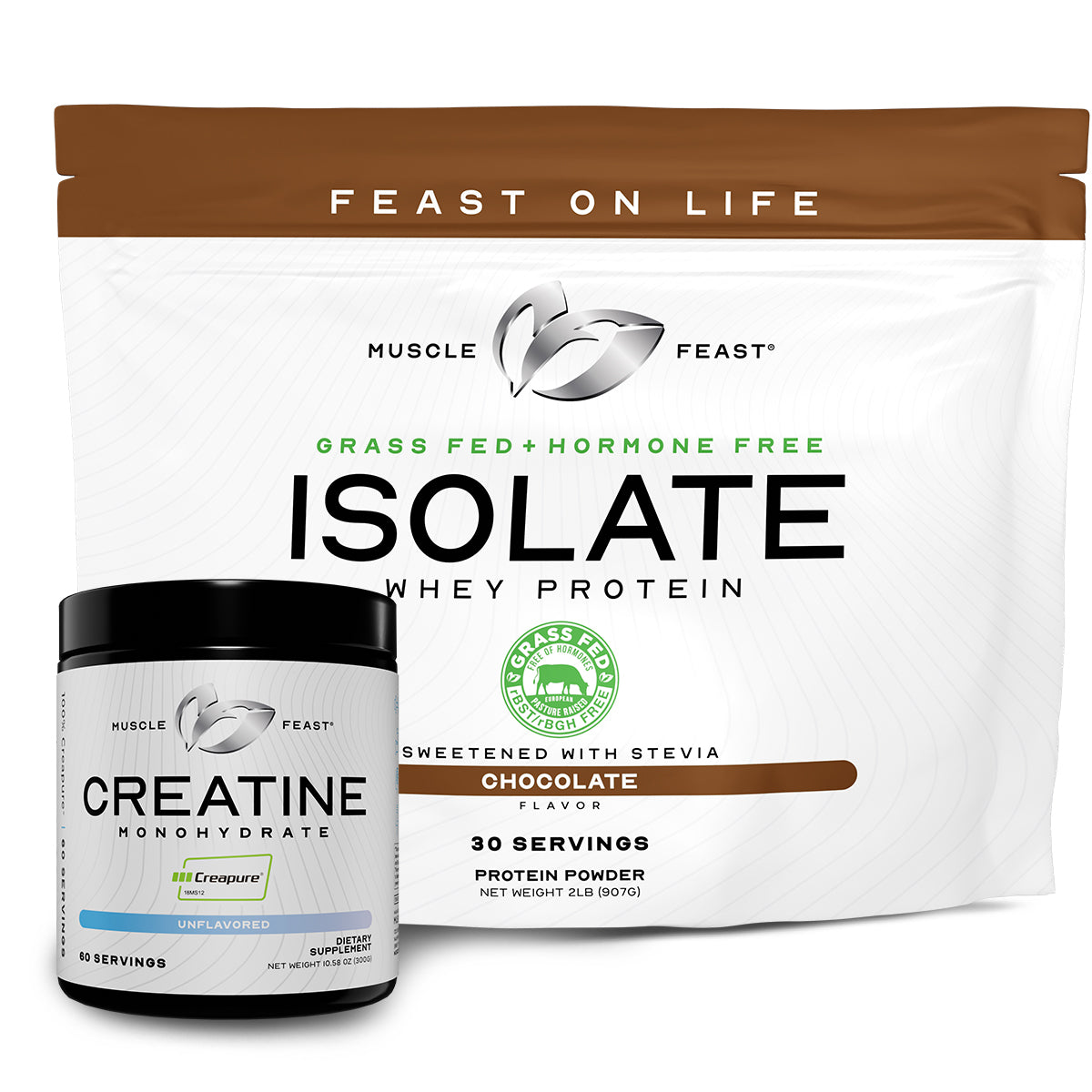 Isolate + Creatine Bundle: 1 Whey Protein Isolate (Chocolate, 2lb) + 1 Creatine Powder (Unflavored, 300g) | Premium Supplements, Vegetarian, Gluten Free