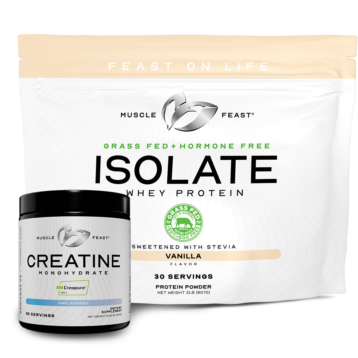 Isolate + Creatine Bundle: 1 Whey Protein Isolate (Vanilla, 2lb) + 1 Creatine Powder (Unflavored, 300g) | Premium Supplements, Vegetarian, Gluten Free